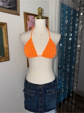 Vintage Y2K Women’s Orange Striped Triangle Bikini Top